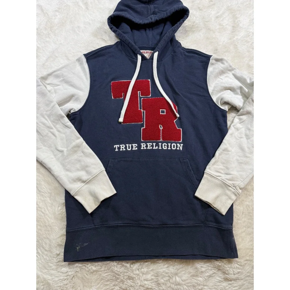 True Religion Hoodie Navy Blue S Varsity Chenille Patch Colorblock Skater Retro